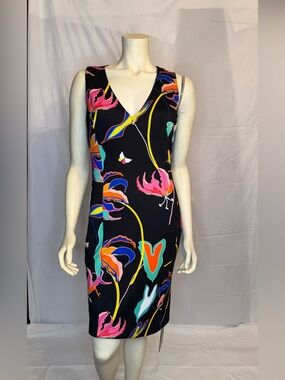 Cavalli Class Black V-Neck Mini Dress with Pink, Blue & Yellow Floral Print